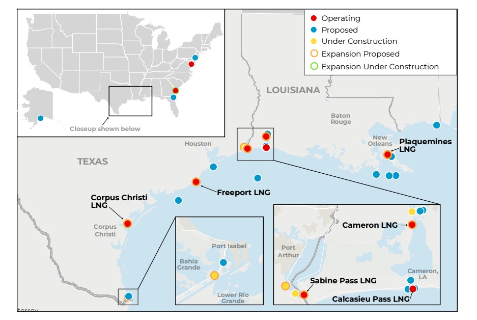 Map showing operating, proposed and under-construction LNG export terminals across the US Gulf Coast.