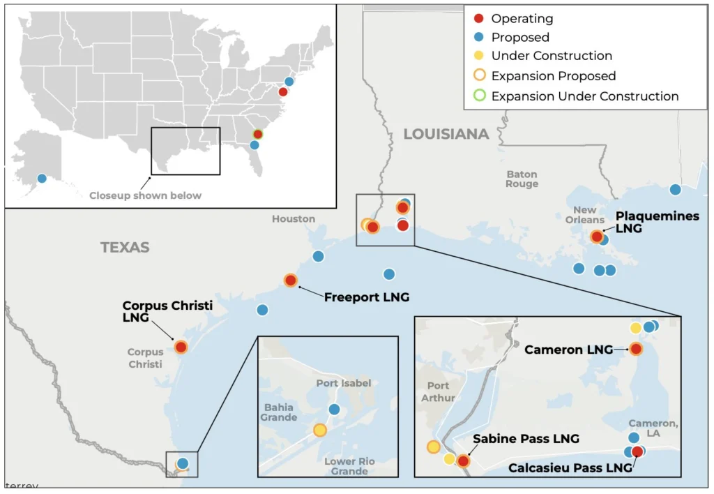 Map of US LNG terminals including operating proposed and under construction sites