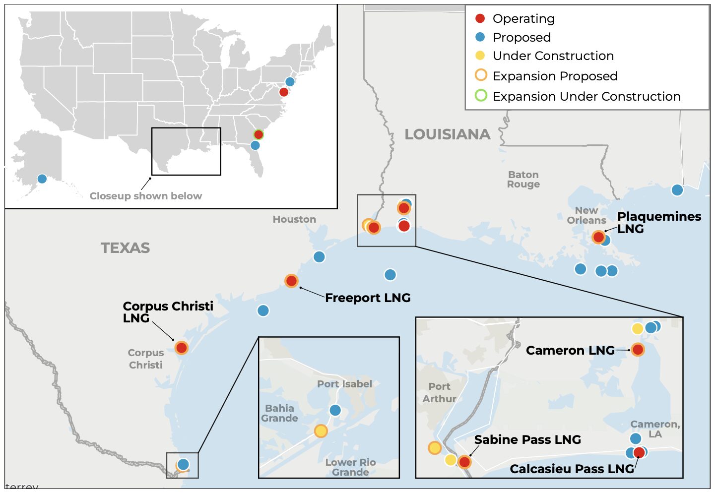 Map of US LNG terminals including operating proposed and under construction sites
