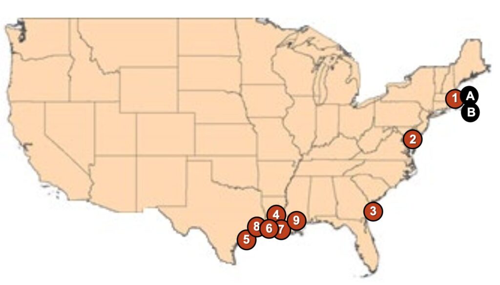 US LNG import terminals map showing existing and proposed LNG import facilities in the United States