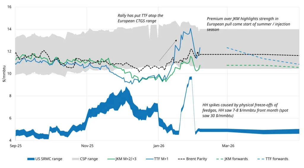 Global LNG price benchmarks showing TTF, JKM and Henry Hub volatility impacting the LNG market outlook