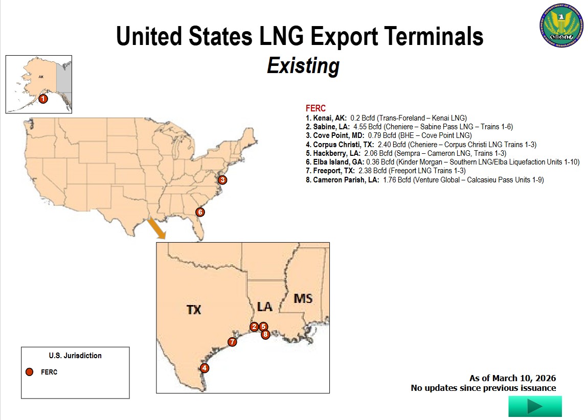 US LNG export terminals map showing existing facilities