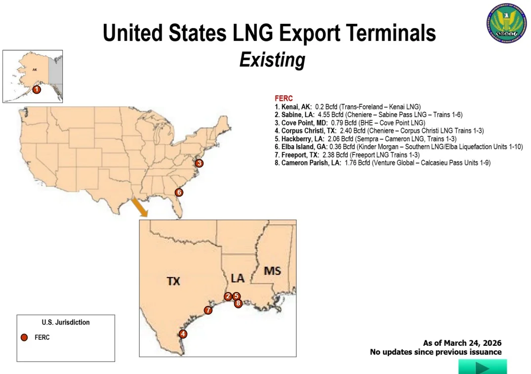 US LNG export terminals map showing existing export facilities across the United States, with the main concentration along the Gulf Coast