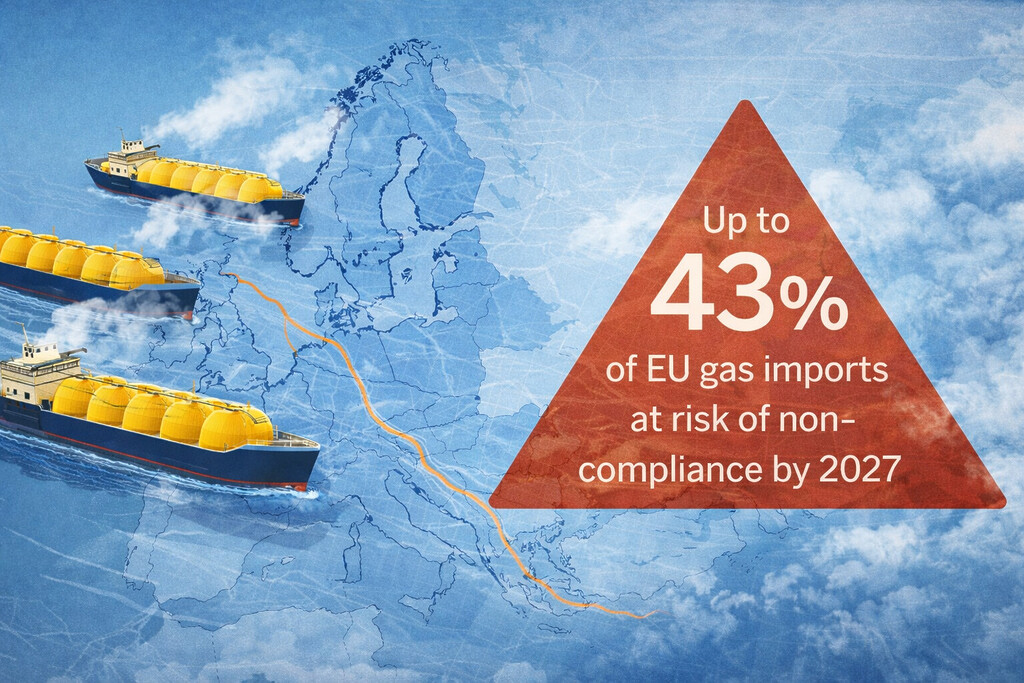 Illustration of Europe with LNG carriers and a warning symbol representing methane emissions compliance risk to EU gas imports by 2027