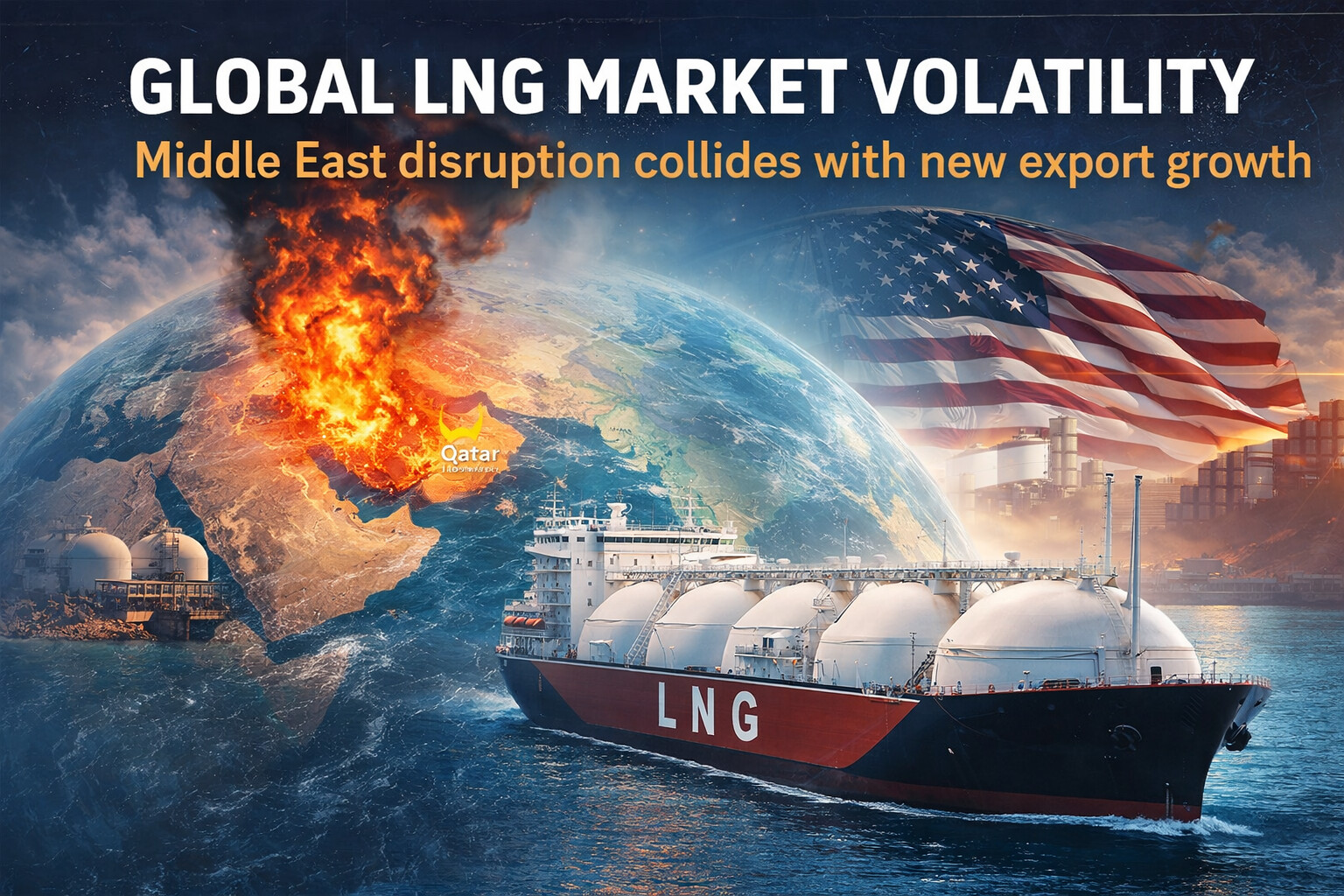 Global LNG market feature image showing an LNG tanker, Middle East supply disruption and new export growth