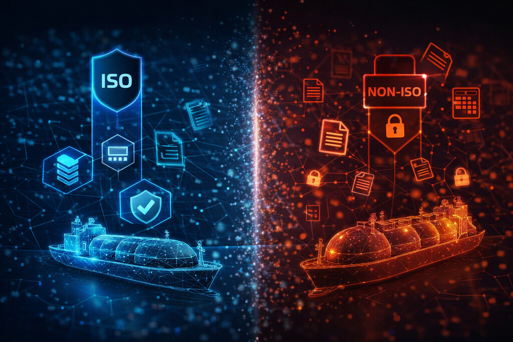 Abstract visual of LNG emissions transparency showing digital tracking, verified emissions data, and LNG cargo monitoring