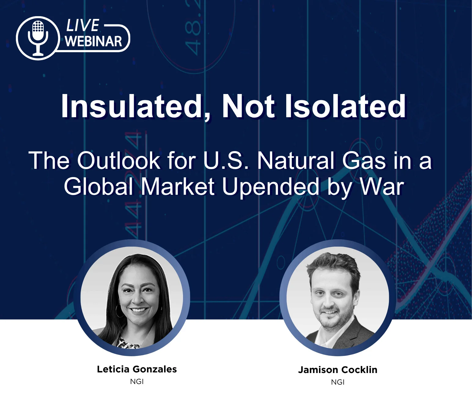 Promotional graphic for a live webinar titled “Insulated, Not Isolated: The Outlook for U.S. Natural Gas in a Global Market Upended by War,” featuring speakers Leticia Gonzales and Jamison Cocklin from NGI.