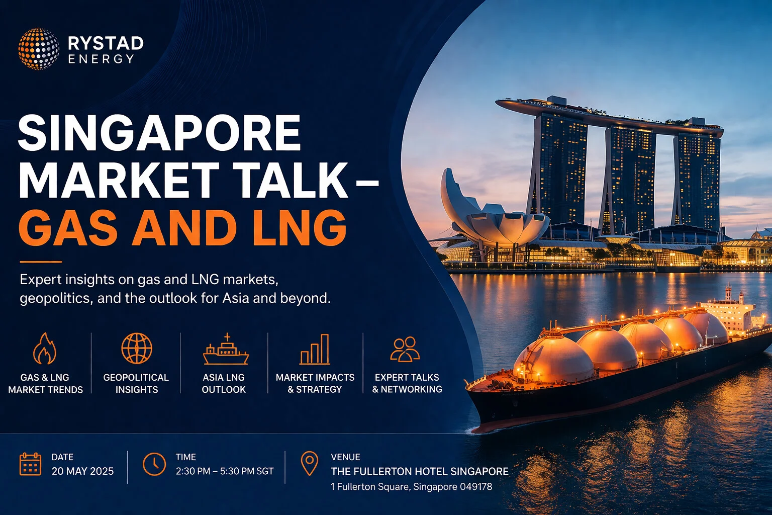 Promotional poster for Singapore Market Talk - gas and LNG by Rystad Energy, featuring the Singapore skyline, Marina Bay Sands, and an LNG carrier.