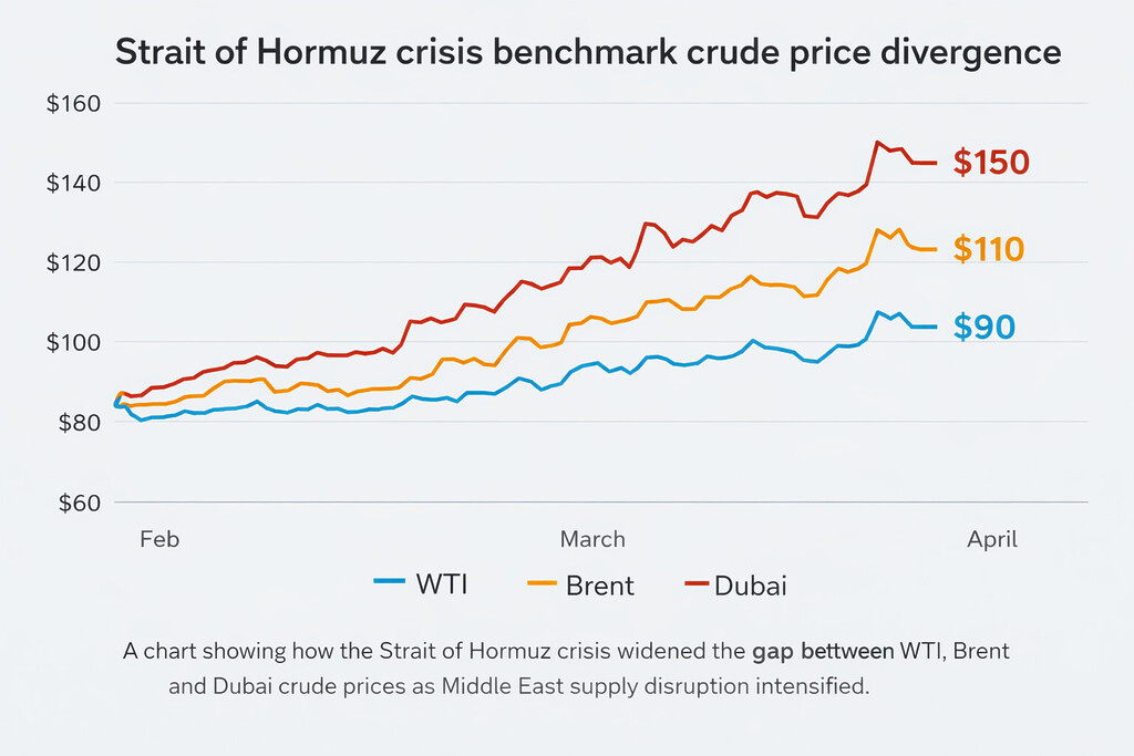 Strait of Hormuz crisis chart showing WTI, Brent and Dubai crude price divergence during Middle East supply disruption
