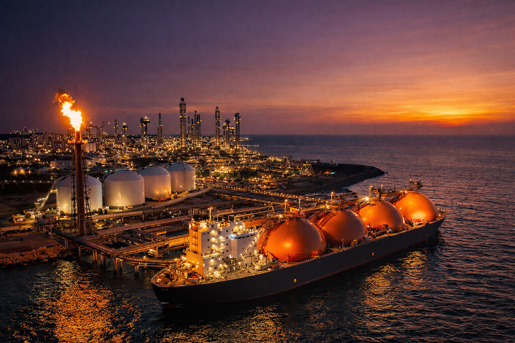 Gulf LNG supply disruption visual showing an LNG export terminal and carrier during a global supply shock