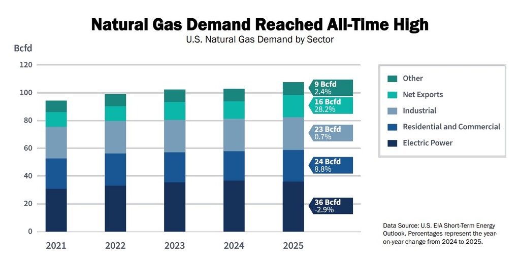 U.S. natural gas demand chart showing record high demand in 2025 across power, industrial, residential and commercial, net exports and other sectors
