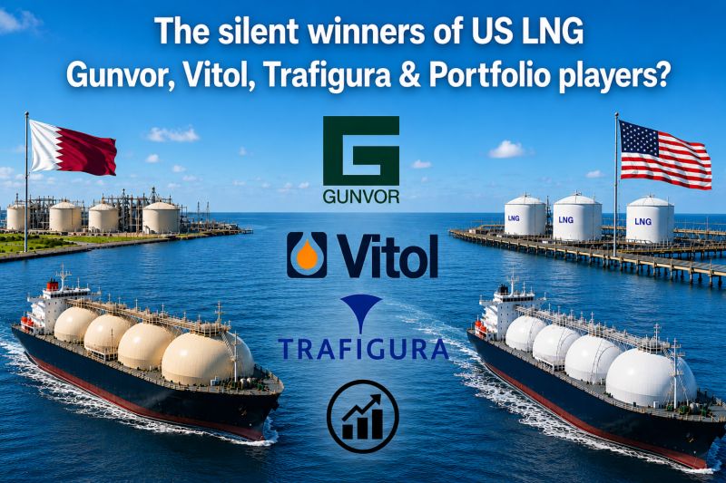 Blue banner showing LNG storage tanks, two cargo ships, and logos for Gunvor, Vitol, and Trafigura; title about US LNG winners.