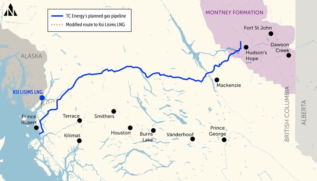 Map of TC Energy's planned gas pipeline (blue line) from Prince Rupert toward Mackenzie, with an orange dotted modified route to Ksi Lisims LNG labeled KSI LISIMS LNG near the coast.