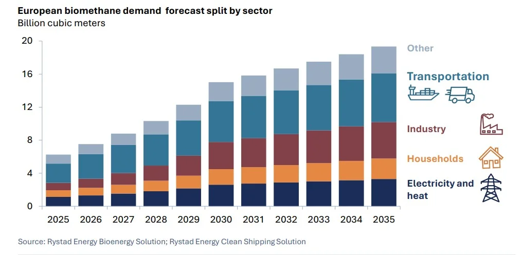 European biomethane demand forecast split by sector showing transportation, industry, households, electricity and heat growth to 2035