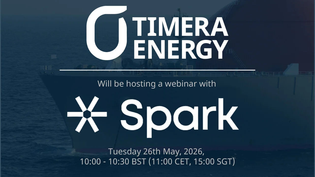 Timera Energy and Spark webinar banner discussing Strait of Hormuz market risks and global energy trade impacts on 26 May 2026.
