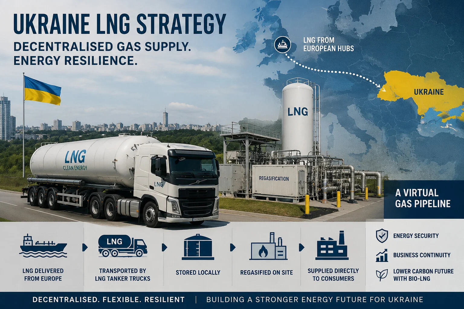 Ukraine LNG strategy showing tanker-truck delivery, local storage, regasification and decentralised gas supply from European LNG hubs