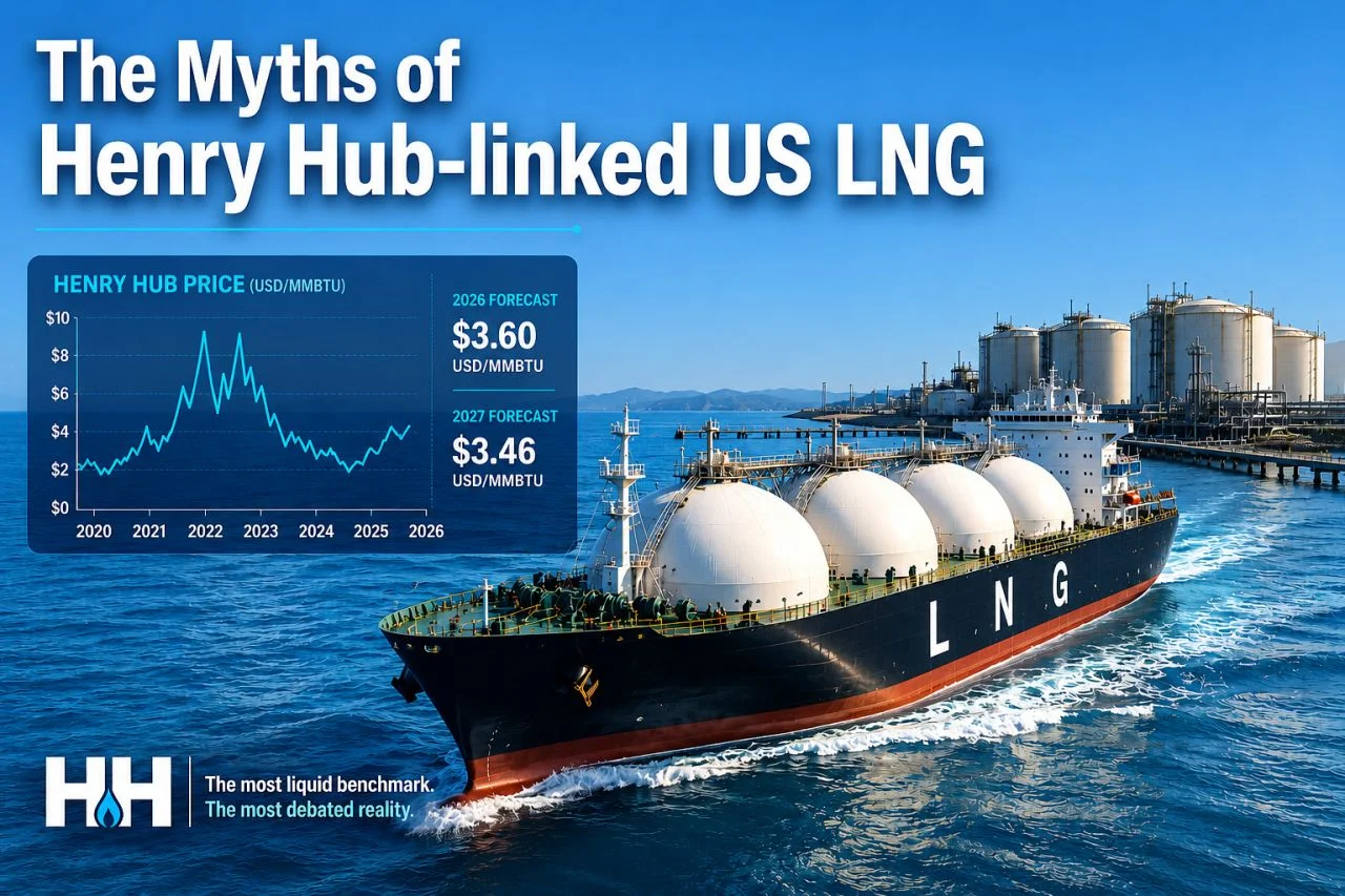 Henry Hub pricing and the future of US LNG contracts | Global LNG Hub Henry Hub-linked US LNG pricing analysis showing Henry Hub gas price forecasts alongside LNG export infrastructure and an LNG carrier.