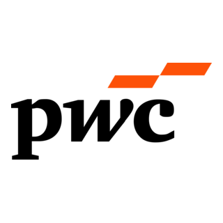 PwC logo: black lowercase letters with two orange angled bars above