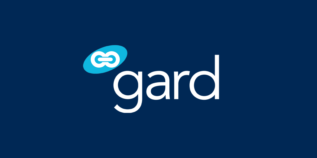 Gard logo: white wordmark 'gard' with a cyan chain-link icon on a dark blue background, left of the text.