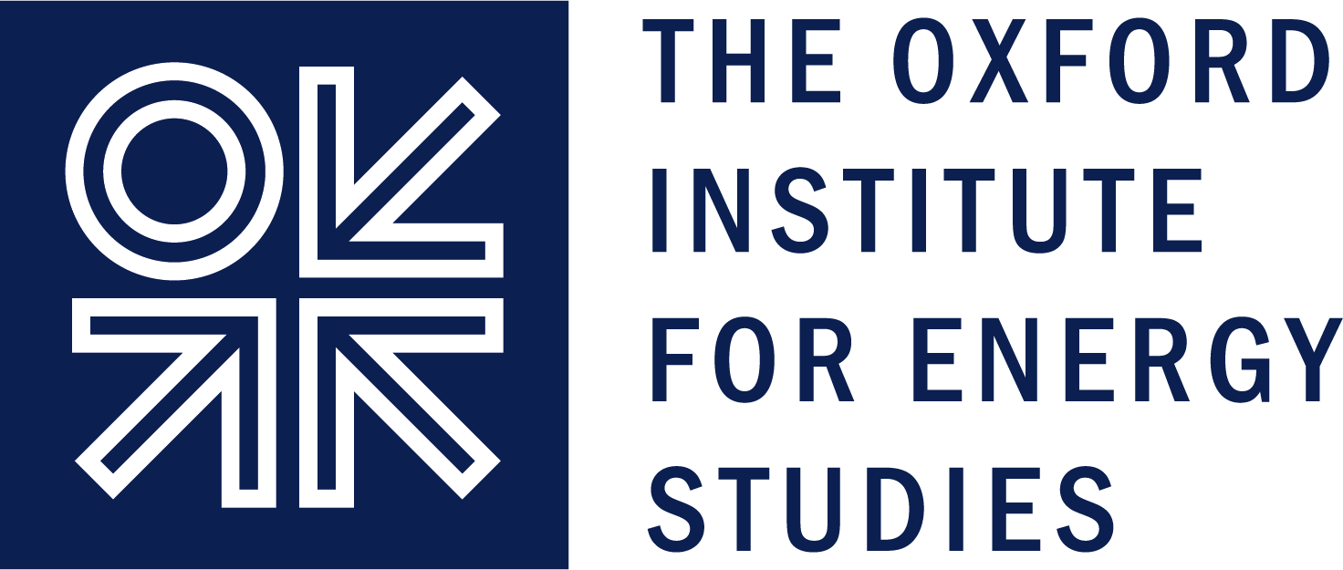 Logo for The Oxford Institute for Energy Studies: dark blue square with a white geometric emblem on the left and the blue text of the institute name on the right.
