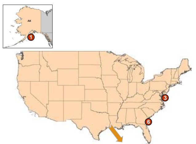 Map of existing US LNG export terminals showing facilities in Alaska, Maryland and Georgia, with an inset for Gulf Coast terminals.