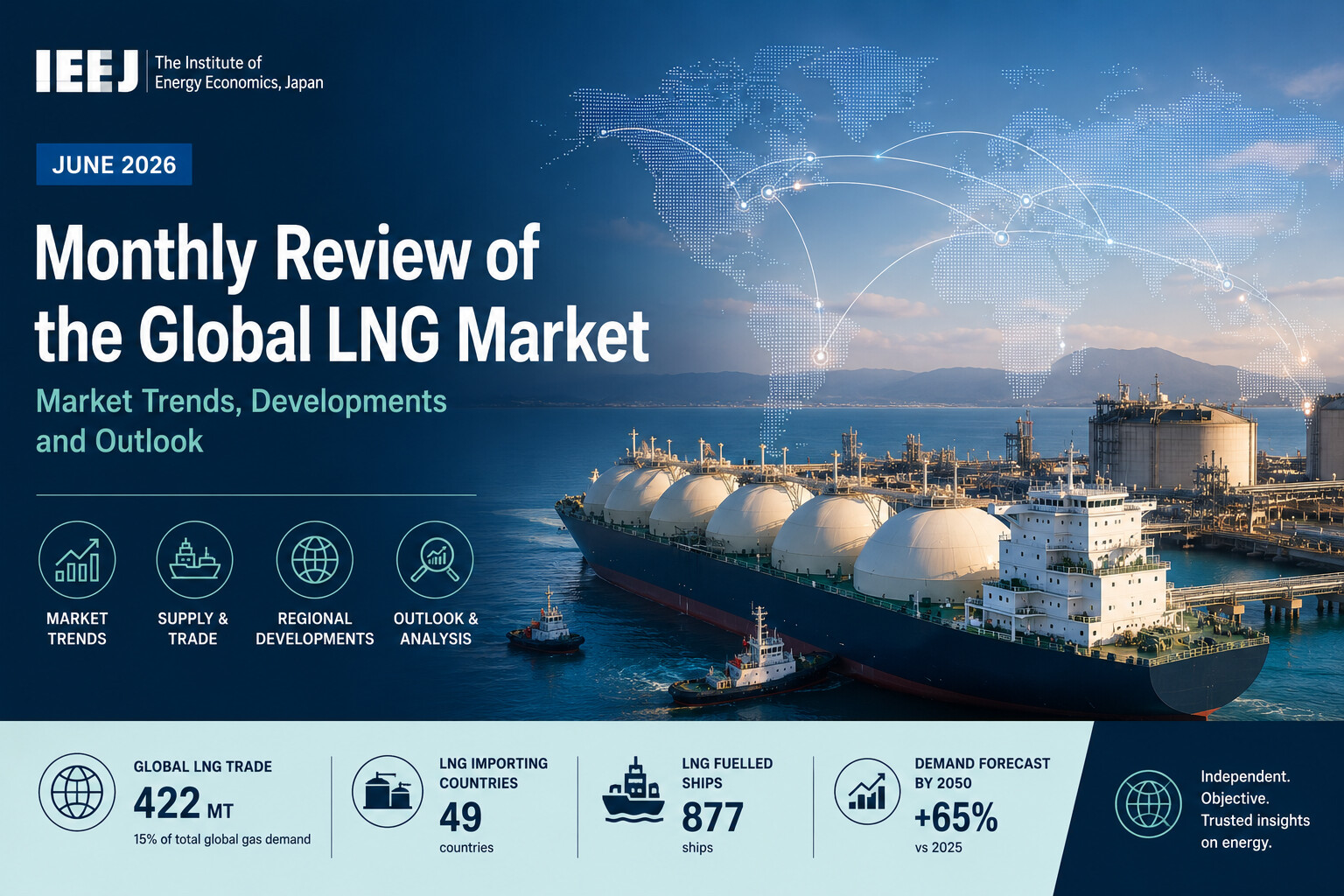 Monthly Review of the Global LNG Market banner with world map, LNG ships, and data icons in blue tones.