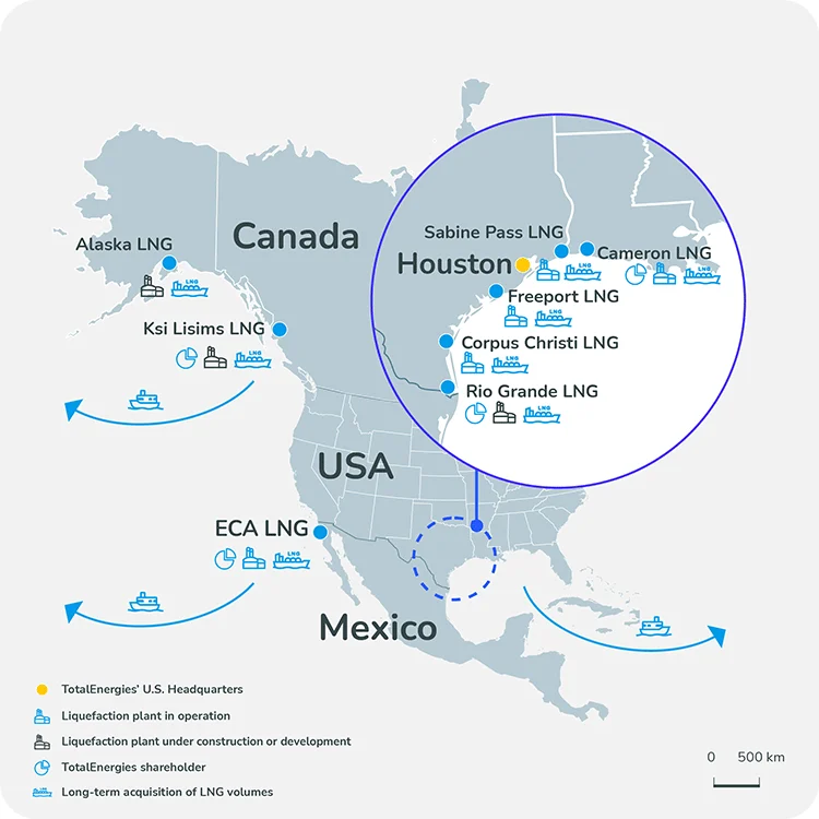 TotalEnergies' North American LNG network and Mexico's new Pacific export corridor | Global LNG Hub Map showing TotalEnergies' LNG export infrastructure across North America, including the Energia Costa Azul (ECA) terminal on Mexico's Pacific coast and its direct export route to Asian markets.