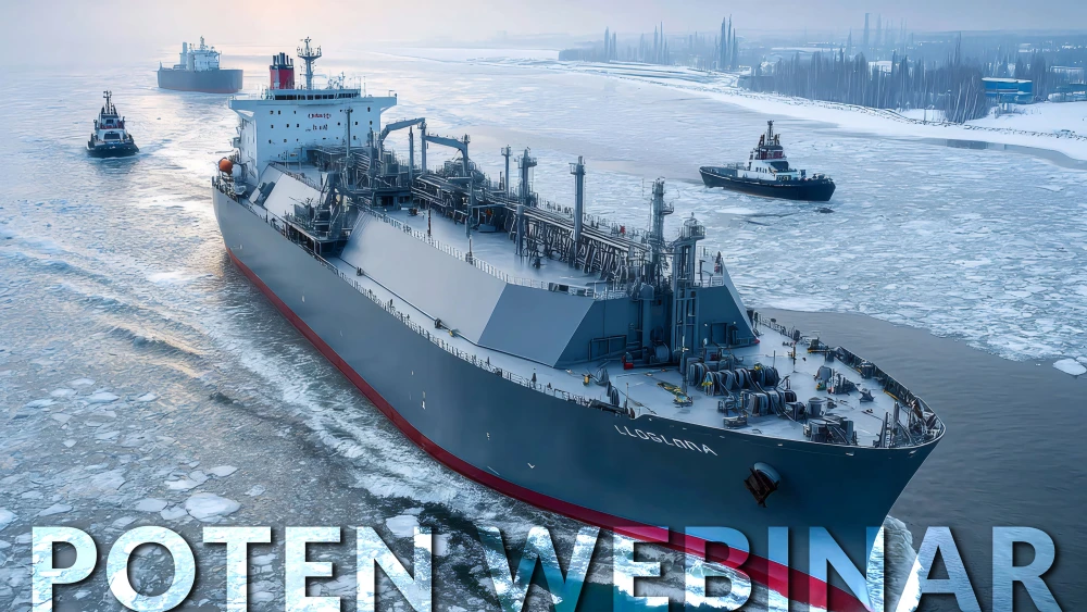 Poten & Partners winter LNG market forecasts webinar featuring an LNG carrier navigating icy waters
