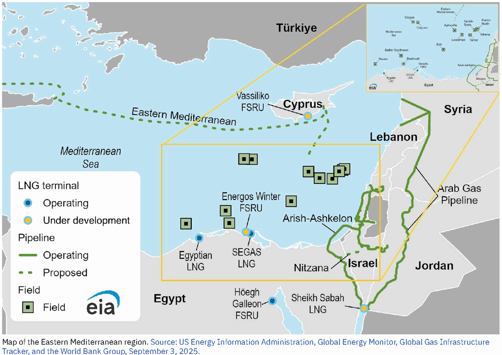 Eastern Mediterranean gas fields, LNG terminals and pipelines in Egypt, Israel and Cyprus