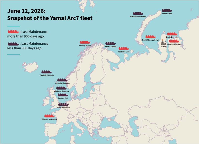 Russian LNG exports: Snapshot of the Yamal Arc7 fleet on June 12, 2026